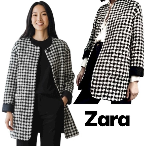 Zara Coat Texture Weave Houndstooth Quilt Front/Snaps Pockets Jacket Sz M NWOT - Picture 1 of 15